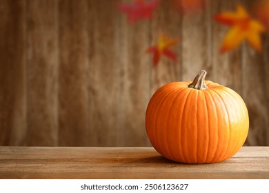 Autumn pumpkins still life on wooden table. Pumpkin on empty wooden table. Thanksgiving Still Life. Halloween pumpkin decoration border. Holiday festival concept