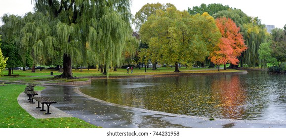 Autumn Rain In Boston Public Garden. Park Pathway, Pond And Beautiful Grounds  