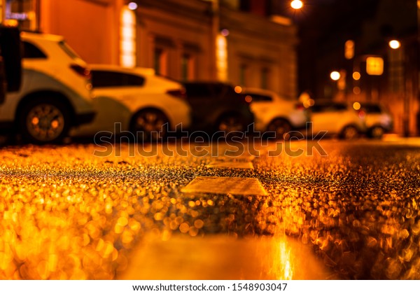 Autumn rainy night in the city. Parked cars.\
Residential buildings in the city center. Colorful colors. Close up\
view from the level of the dotted\
line.