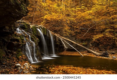 Autumn river waterfall. Autumn forestr waterfall. River waterfall in the autumn forest. Autumn river waterfall view - Powered by Shutterstock