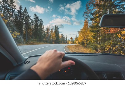 Autumn road view from the car's cab. Photo from Sotkamo, Finland.	
 - Shutterstock ID 1828065209