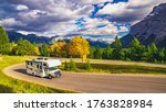 Autumn RV Motor home Camper On Scenic Highway