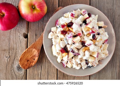 Autumn salad dish with chicken, apples, nuts and cranberries, above on rustic wood background
