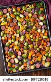 Autumn Sausage Veggie And Apple Sheet Pan Dinner.