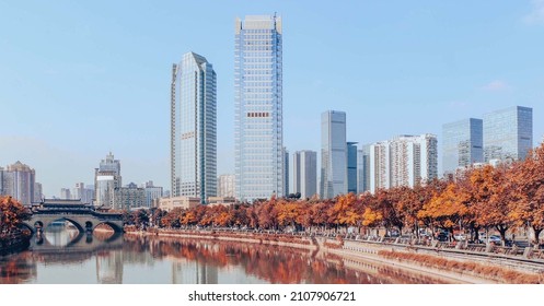Autumn Scenery in Chengdu, Autumn trees lining the banks of the Jinjiang River by Anshun Bridge with modern buildings in the background, Chengdu is a mega city in southwest China