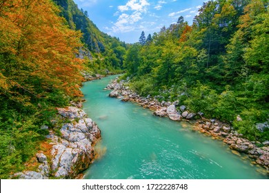 Autumn scenery of Soca (Isonzo) river near Kobarid (Caporetto) Slovenia. Soca river - popular place for active recreation in Julian Alps and place of World War I memory - Powered by Shutterstock