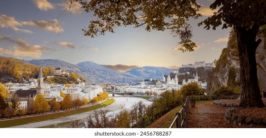 Autumn season at a historic city of Salzburg with Salzach river in beautiful sunset sky and colorful of autumn scene Salzburger Land, Austria - Powered by Shutterstock