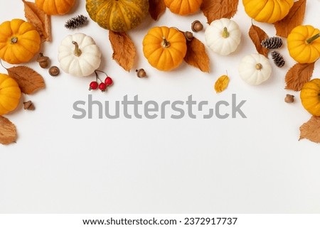 Autumn seasonal background from decorative pumpkins, dried foliage, pinecones and acorns top view. Thanksgiving day, harvest, autumn and fall concept top view.
