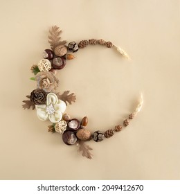 Autumn seasonal layout with leaves, flowers, wheat, pinecone and fruits . Nature flat lay. Creative copy spices