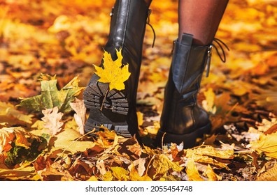 Autumn shoes in the fall foliage. Leaf fall. Autumn walks through fallen leaves.  - Powered by Shutterstock