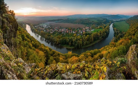 Autumn Slovakia Panorama Landscape With River Hron, Pohronsky Inovec.