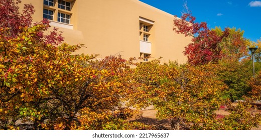 Autumn Southwestern Landscape And Vibrant Foliage With Partial View Of Adobe House In Albuquerque, New Mexico, USA