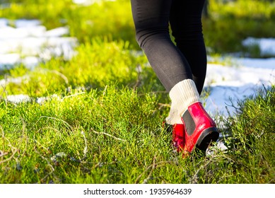 Autumn Or Spring Concept With Colorful Forest And Rain Boots Outside. Close Up Of Woman Feet Walking In Red Boots.