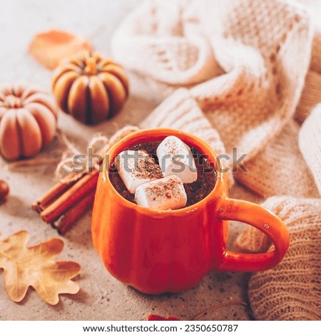 Autumn still life. Cocoa mug and marshmallow, pumpkin candles, knitted sweater, cinnamon sticks and autumn leaves on light background background. Top view, flat ay