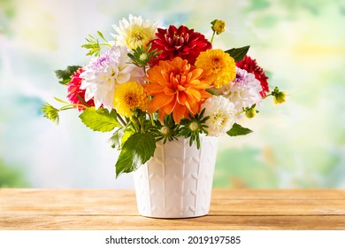 Autumn Still Life With Garden Flowers. Beautiful Autumnal Bouquet In Vase On Wooden Table. Colorful Dahlia And Chrysanthemum.