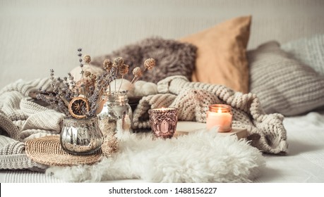 Autumn Still Life Home Decor In A Cozy House. Autumn Weekend Concept. Fall Home Decoration.