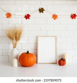 Autumn Still Life. Picture Frame Mockup, Vase Of Wheat, Orange Pumpkins In Cozy Home Room Interior. Thanksgiving, Halloween, Fall Concept.