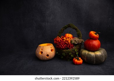 Autumn Still Life With Pumpkins, A Basket Of Berries On A Black Textured Background, Halloween, Do-it-yourself Festival Holiday Decor, All Saints Day, Harvest, Space For Text, Postcard, Theme Party