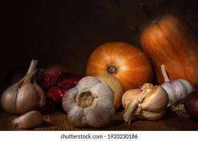 autumn still life in a rustic style on a dark wooden background. - Shutterstock ID 1920230186