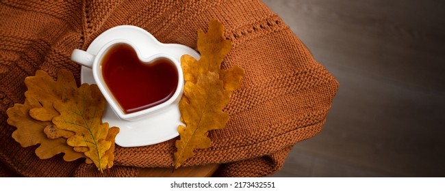 Autumn Still Life: Tea and oak leaves, knitted warming scarf or plaid on a wooden table. Fall season concept, beverage for resting time, autumn weekend mood, copy space, banner - Shutterstock ID 2173432551