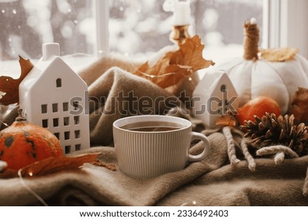 Autumn still life. Warm cup of tea, pumpkins, fall leaves, candle, lights on comfy brown scarf on windowsill. Hygge fall home decor. Happy Thanksgiving