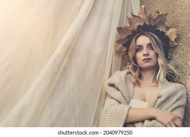 Autumn Styled Young Woman With Leaf Crown