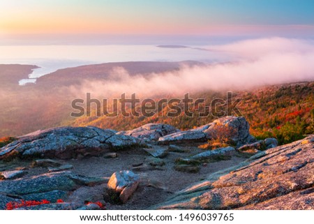 Autumn Sunrise in Acadia National Park, Maine from top of Cadillac Mountain