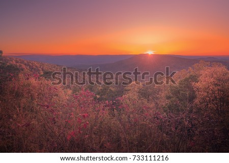 Autumn sunset with fall foliage in the Ozark mountains of Oklahoma and Arkansas