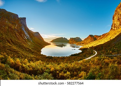 Autumn Sunset At Fjord, Bergsbotn, Near City Of Tromso, Norway