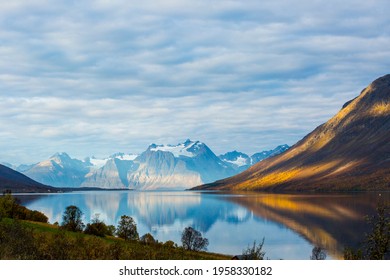 Autumn sunset and landscape in northern Norway. Europe.