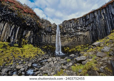 Autumn Svartifoss waterfall in Skaftafell in Vatnajökull National Park, southeast Iceland