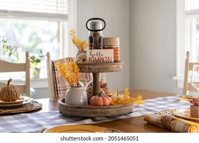 Autumn Table Decorations In A Light And Bright Dining Room Decorated For Fall