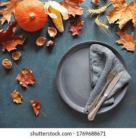 Autumn Table Setting. Festive Table Scape For Thanksgiving Day Dinner. Flat Layot