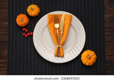 Autumn table setting and pumpkins, flat lay - Shutterstock ID 2368693501