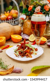 Autumn Table Setting With Pumpkins. Thanksgiving Dinner.beer Dumplings With Sea Salt And Cheese Spread