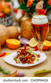 Autumn Table Setting With Pumpkins. Thanksgiving Dinner.beer Dumplings With Sea Salt And Cheese Spread