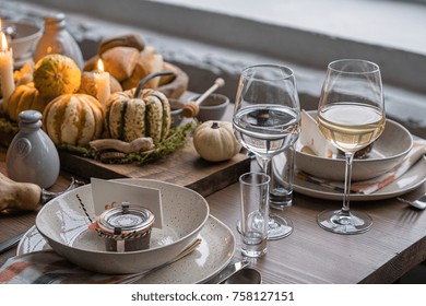 Autumn Table Setting With Pumpkins. Thanksgiving Holiday Dinner And Fall Decoration.