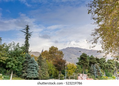 Autumn Tehran Street View Alborz Mountains Against Cloudy Sky On Background