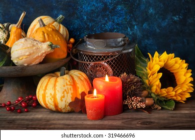 Autumn Thanksgiving Decor With Candle, Sunflower And Pumpkins