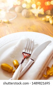 Autumn Thanksgiving Dinner Table Setting With Pumpkins And Silverware. 