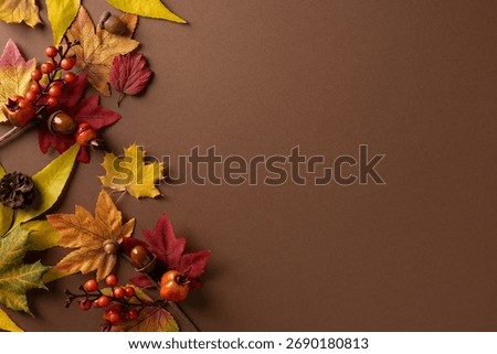 Autumn themed composition with a left border of colorful leaf shapes, berries and a pinecone on a rich brown backdrop layout for seasonal decor and marketing