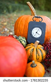 Autumn Time. Thanksgiving Holiday. Pumpkin Harvest. Vintage Clock, Pumpkin On  Autumn Garden Background. Halloween.Symbols Of Autumn.Fall Season