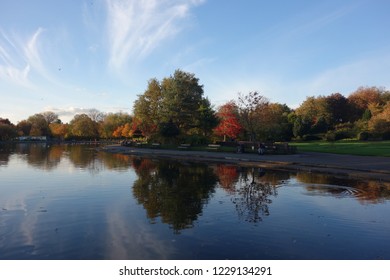 Autumn Trees Reflected In The Pond At Victoria Park In Glasgow.