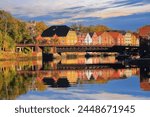 Autumn in Trondheim, view of the river Nidelva and The Old Bridge ( Den Gamle Bybru) in the Norwegian city Trondheim