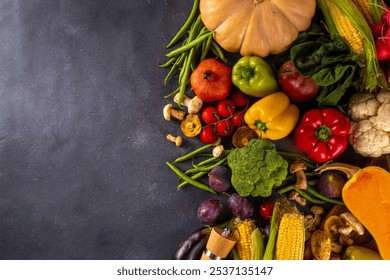 Autumn vegetable preparation dinner background. Food background with organic fresh farm raw veggies, pumpkin, corn, fruits, mushrooms, salad leaves, greenery, Ingredients for cooking with copy space. - Powered by Shutterstock