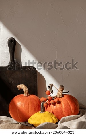 Autumn vegetables and wooden board on kitchen table with geometric sunlight shadow on wall background. Pumpkins, squash, red berries, rustic home decor.