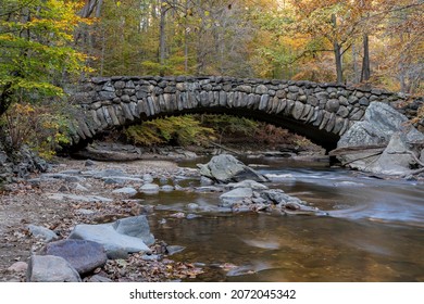 An Autumn View Of The Boulder Bridge In Rock Creek Park, Washington, DC.  Selective Focus.