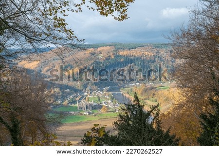 Autumn view from Devils Pulpit over Tintern Abbey and Wye Valley