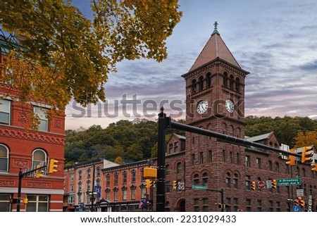 Autumn view of downtown Jim Thorpe PA with the Carbon County Courthouse building clock tower at right                              