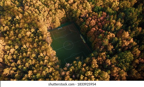 Herbstsicht auf das Fußballfeld im Wald